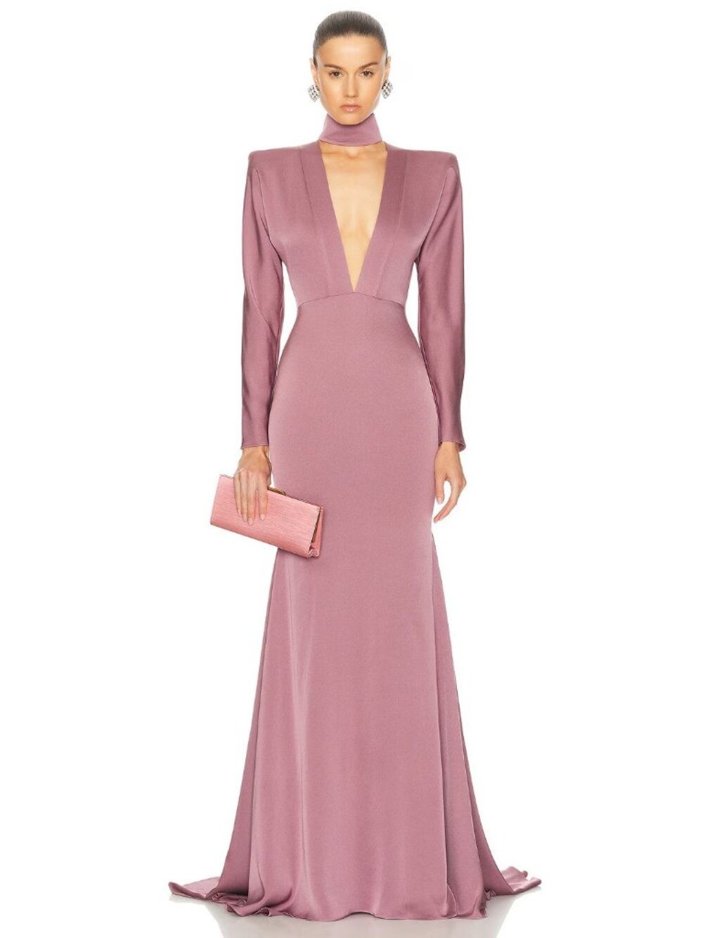 Alex Perry Long Sleeve V Neck Gown in Mauve Pink